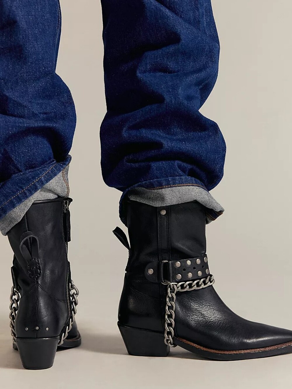 We The Free Aiden Black Leather Chain Ankle Boots Pointed Toe Moto Bootie Size 9